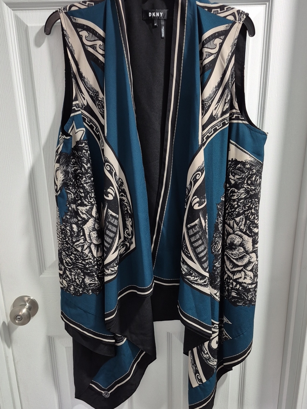 DKNY Teal, Black & Cream Draped Sleeveless Cape